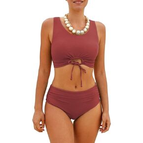CALSUZ Women Two Piece Bikini Set High Waisted Swimsuit Tie Front Back Cheeky Bathing Suit Summer Scoop Swimwear