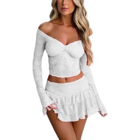 Juakoso Women Sexy Two Piece Skirt Set Lace Ruffle Trim Long Sleeve Tops Bodycon Mini Skirt Y2K Going Out 2 Piece Outfits in Kuwait
