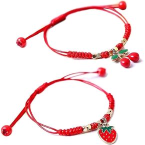Pingyongchang H&Z 2Pcs Summer Fruit Strawberry Cherry Bracelet Handmade Weave Red Rope Adjustable Beaded Bracelet for Women Girls Best Friends Friendship Jewelry Gifts in Saudi Arabia