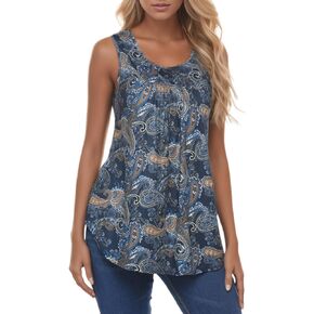 Halife Women's Paisley Printed Pleated Sleeveless Blouse Shirt Casual Flare Tunic Tank Top