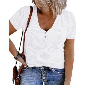 Plus Size V Neck Tank Tops for Women Summer Short Sleeve/Sleeveless Ribbed Button T-Shirts Tops Casual Henley Shirts