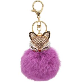 HOYUNLA سلسلة مفاتيح من فرو الأرنب الصناعي بوم بوم مع رأس ثعلب مرصع بحجر الراين اللؤلؤي لحقيبة المرأة لتزيين مفتاح السيارة in Kuwait
