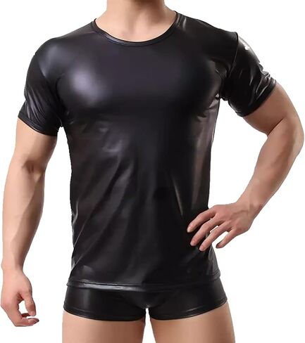 Panegy Men's Black Leather Tshirt Short Sleeve PVC Tunic & Sleeveless Tank Top M-XXL in Kuwait