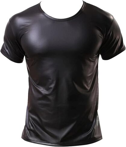 Panegy Men's Black Leather Tshirt Short Sleeve PVC Tunic & Sleeveless Tank Top M-XXL in Kuwait