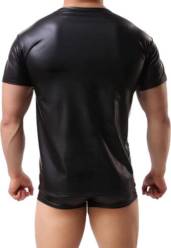 Panegy Men's Black Leather Tshirt Short Sleeve PVC Tunic & Sleeveless Tank Top M-XXL in Kuwait