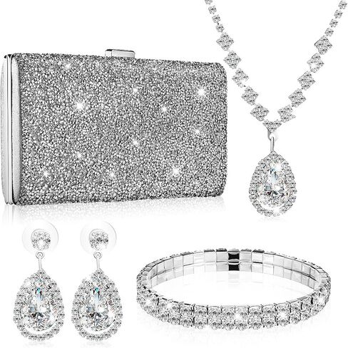 AGFELO 4 Pieces Silver Purse Rhinestone Evening Clutch Bag Rhinestone Ear Clip Bridal Wedding Choker Bracelet Dangle Bling Glitter Purse for Women Wedding Prom in Kuwait