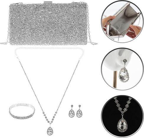 AGFELO 4 Pieces Silver Purse Rhinestone Evening Clutch Bag Rhinestone Ear Clip Bridal Wedding Choker Bracelet Dangle Bling Glitter Purse for Women Wedding Prom in Kuwait