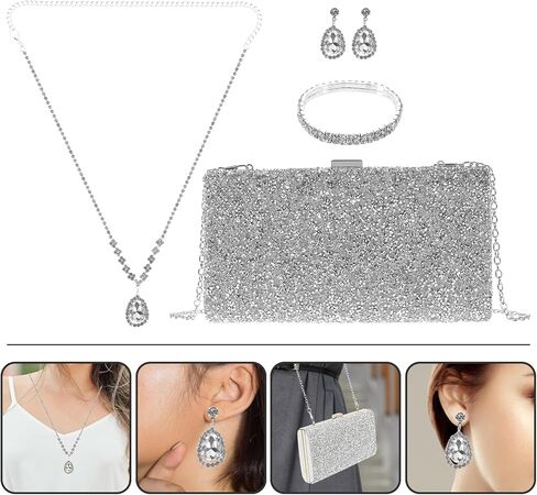 AGFELO 4 Pieces Silver Purse Rhinestone Evening Clutch Bag Rhinestone Ear Clip Bridal Wedding Choker Bracelet Dangle Bling Glitter Purse for Women Wedding Prom in Kuwait