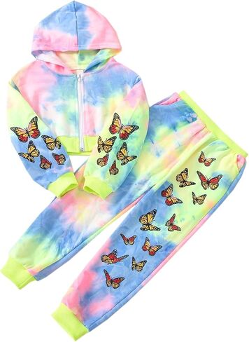 SANGTREE Girls' Two Piece Outfits, Cute Butterfly Zipper Crop Hoodies Tops + Jogger Pants Clothes Set, Tie Dye Yellow, 9-10 Years = Tag 150 in Saudi Arabia