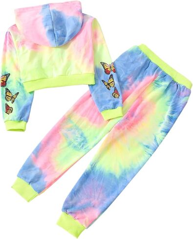 SANGTREE Girls' Two Piece Outfits, Cute Butterfly Zipper Crop Hoodies Tops + Jogger Pants Clothes Set, Tie Dye Yellow, 9-10 Years = Tag 150 in Saudi Arabia