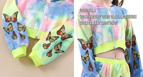 SANGTREE Girls' Two Piece Outfits, Cute Butterfly Zipper Crop Hoodies Tops + Jogger Pants Clothes Set, Tie Dye Yellow, 9-10 Years = Tag 150 in Saudi Arabia