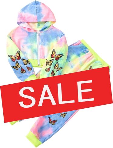 SANGTREE Girls' Two Piece Outfits, Cute Butterfly Zipper Crop Hoodies Tops + Jogger Pants Clothes Set, Tie Dye Yellow, 9-10 Years = Tag 150 in Saudi Arabia