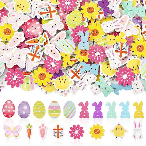 Junebrushs 260pcs عيد الفصح أزرار خشبية 2 ثقوب الزهور الفراشات الصلبان الكتاكيت الجزر الأرنب أزرار الخياطة الخشبية لعيد الفصح ديكور DIY الخياطة الحرف اليدوية المشاريع in Kuwait