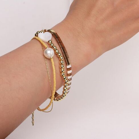 Agriajun Baroque Pearl Beaded Layered Gold Dainty Link Bracelets for Women Girls, Handmade Boho Adjustable Seed Beads Freshwater Pearl Simple Chain Friend Bracelet Trendy Jewelry Gift in Kuwait