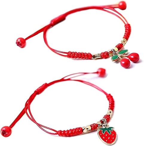 Pingyongchang H&Z 2Pcs Summer Fruit Strawberry Cherry Bracelet Handmade Weave Red Rope Adjustable Beaded Bracelet for Women Girls Best Friends Friendship Jewelry Gifts in Saudi Arabia