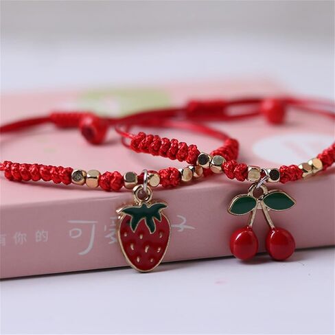 Pingyongchang H&Z 2Pcs Summer Fruit Strawberry Cherry Bracelet Handmade Weave Red Rope Adjustable Beaded Bracelet for Women Girls Best Friends Friendship Jewelry Gifts in Saudi Arabia