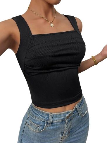 SOFIA'S Choice بلوزة نسائية مضلعة بدون أكمام ورقبة مربعة بدون أكمام، أسود متوسط in Kuwait