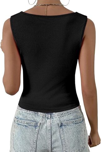 SOFIA'S Choice بلوزة نسائية مضلعة بدون أكمام ورقبة مربعة بدون أكمام، أسود متوسط in Kuwait