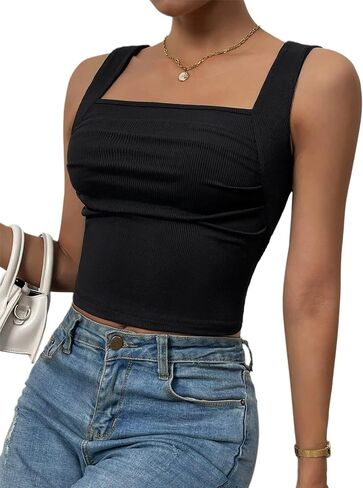 SOFIA'S Choice بلوزة نسائية مضلعة بدون أكمام ورقبة مربعة بدون أكمام، أسود متوسط in Kuwait