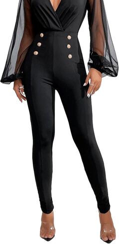 OYOANGLE Women's Double Button Elastic High Waist Work Office Leggings Skinny Pants in Saudi Arabia