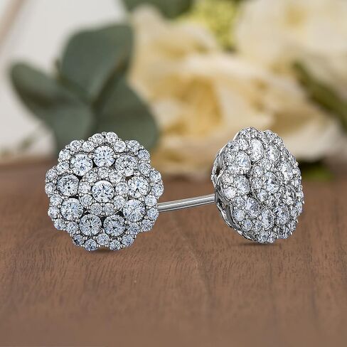 Natalia Drake Flower Cluster 1 Cttw Diamond Stud Earrings for Women in Rhodium Plated Sterling Silver, Sterling Silver, Diamond in Kuwait