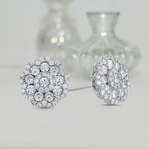 Natalia Drake Flower Cluster 1 Cttw Diamond Stud Earrings for Women in Rhodium Plated Sterling Silver, Sterling Silver, Diamond in Kuwait