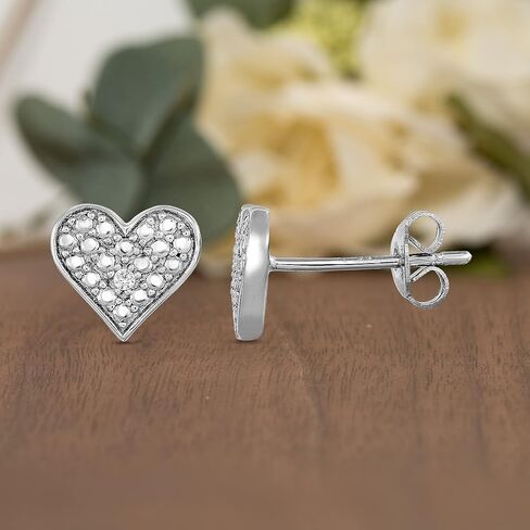 Natalia Drake Small Pave Heart Diamond Accent Stud Earrings for Women in Rhodium Plated Sterling Silver Cartilage Earring for Second Hole Piercing, Sterling Silver, Diamond in Kuwait