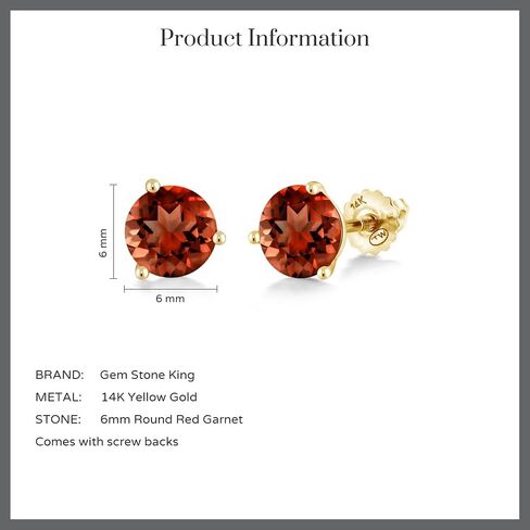 Gem Stone King 14K Yellow Gold Red Garnet 3 Prong Martini Screw Back Stud Earrings For Women (2.00 Cttw, Gemstone January Birthstone, Round 6MM) in Saudi Arabia