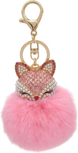 HOYUNLA Faux Rabbit Fur Ball Pom Pom Keychain with Fox Head Studded with pearl Rhinestone for Womens Bag Car Key Decoration in Saudi Arabia