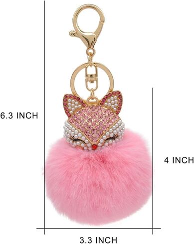 HOYUNLA Faux Rabbit Fur Ball Pom Pom Keychain with Fox Head Studded with pearl Rhinestone for Womens Bag Car Key Decoration in Saudi Arabia