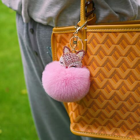 HOYUNLA Faux Rabbit Fur Ball Pom Pom Keychain with Fox Head Studded with pearl Rhinestone for Womens Bag Car Key Decoration in Saudi Arabia