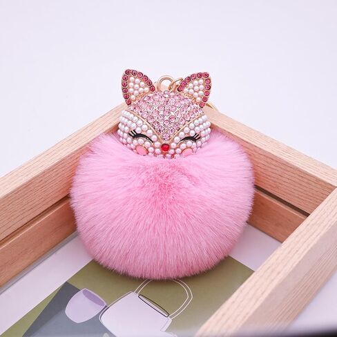HOYUNLA Faux Rabbit Fur Ball Pom Pom Keychain with Fox Head Studded with pearl Rhinestone for Womens Bag Car Key Decoration in Saudi Arabia