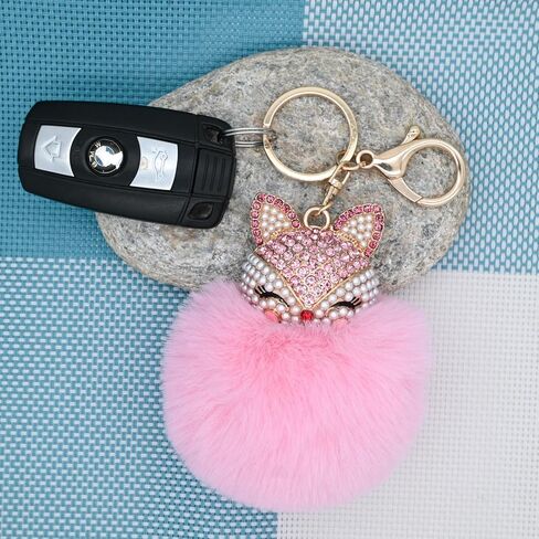 HOYUNLA Faux Rabbit Fur Ball Pom Pom Keychain with Fox Head Studded with pearl Rhinestone for Womens Bag Car Key Decoration in Saudi Arabia