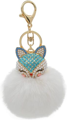 HOYUNLA Faux Rabbit Fur Ball Pom Pom Keychain with Fox Head Studded with pearl Rhinestone for Womens Bag Car Key Decoration in Saudi Arabia