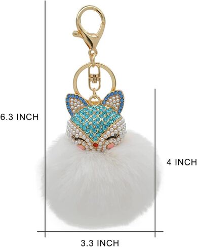 HOYUNLA Faux Rabbit Fur Ball Pom Pom Keychain with Fox Head Studded with pearl Rhinestone for Womens Bag Car Key Decoration in Saudi Arabia