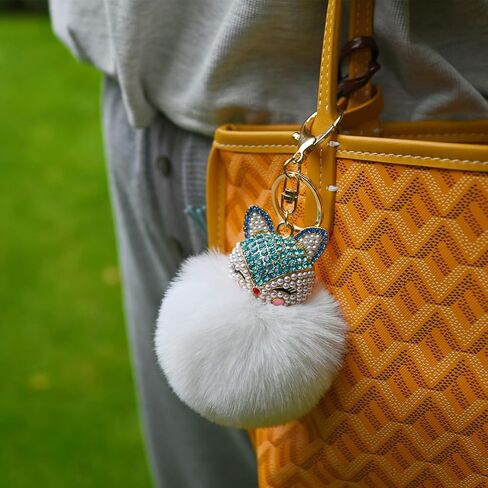 HOYUNLA Faux Rabbit Fur Ball Pom Pom Keychain with Fox Head Studded with pearl Rhinestone for Womens Bag Car Key Decoration in Saudi Arabia
