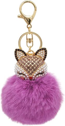HOYUNLA سلسلة مفاتيح من فرو الأرنب الصناعي بوم بوم مع رأس ثعلب مرصع بحجر الراين اللؤلؤي لحقيبة المرأة لتزيين مفتاح السيارة in Kuwait