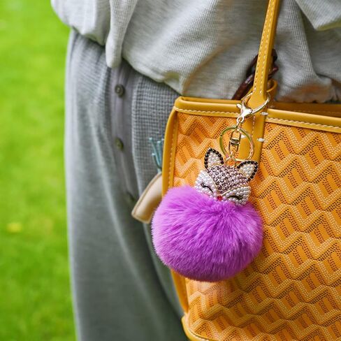 HOYUNLA سلسلة مفاتيح من فرو الأرنب الصناعي بوم بوم مع رأس ثعلب مرصع بحجر الراين اللؤلؤي لحقيبة المرأة لتزيين مفتاح السيارة in Kuwait