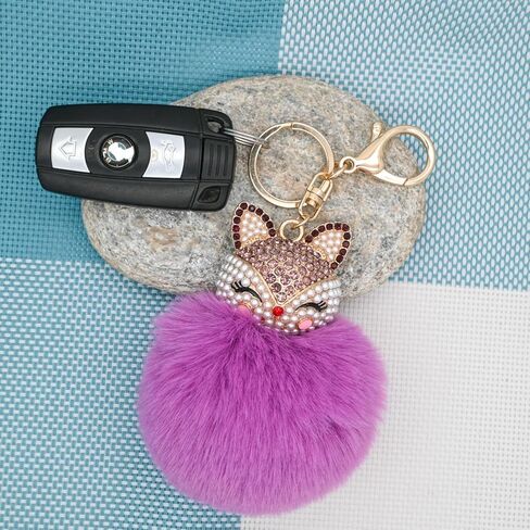 HOYUNLA سلسلة مفاتيح من فرو الأرنب الصناعي بوم بوم مع رأس ثعلب مرصع بحجر الراين اللؤلؤي لحقيبة المرأة لتزيين مفتاح السيارة in Kuwait