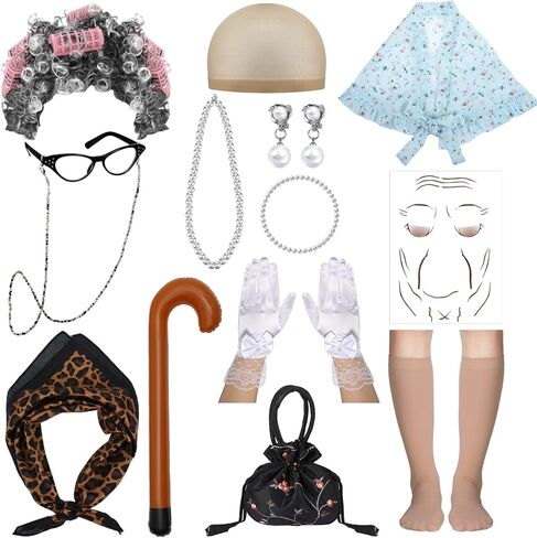Shinymoon 14 قطعة زي السيدة العجوز للأطفال يوم 100 من المدرسة الجدة شعر مستعار للجدة زي إكسسوارات نظارات اللؤلؤ الاصطناعي قلادة أقراط قصب الوشم ملصق الجوارب قفازات حقائب اليد in Kuwait