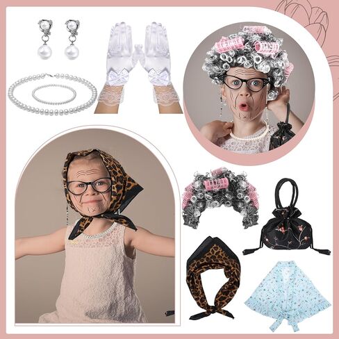 Shinymoon 14 قطعة زي السيدة العجوز للأطفال يوم 100 من المدرسة الجدة شعر مستعار للجدة زي إكسسوارات نظارات اللؤلؤ الاصطناعي قلادة أقراط قصب الوشم ملصق الجوارب قفازات حقائب اليد in Kuwait