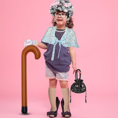 Shinymoon 14 قطعة زي السيدة العجوز للأطفال يوم 100 من المدرسة الجدة شعر مستعار للجدة زي إكسسوارات نظارات اللؤلؤ الاصطناعي قلادة أقراط قصب الوشم ملصق الجوارب قفازات حقائب اليد in Kuwait