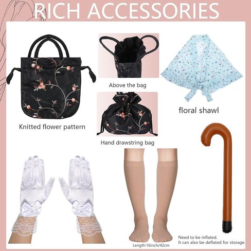 Shinymoon 14 قطعة زي السيدة العجوز للأطفال يوم 100 من المدرسة الجدة شعر مستعار للجدة زي إكسسوارات نظارات اللؤلؤ الاصطناعي قلادة أقراط قصب الوشم ملصق الجوارب قفازات حقائب اليد in Kuwait