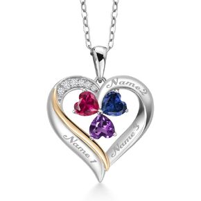 925 Silver and 10K Yellow Gold Customized and Personalized 3 Stone 5MM Heart Shape Gemstone Birthstone and White Lab Grown Diamond Name Engraved Pendant Necklace For Women with 18 inch Chain in Saudi Arabia