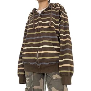 Pivanzore Women's Y2K Long Sleeve Striped Hoodie Oversized Zip Up Drawstring Color Block Sweatshirt Casual Jacket Streetwear