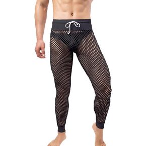 YOOBNG Men's Sexy Mesh See Through Long Lounge Pants Fishnet Hollow Out Drawstring Loose Pajamas Bottoms Underpants