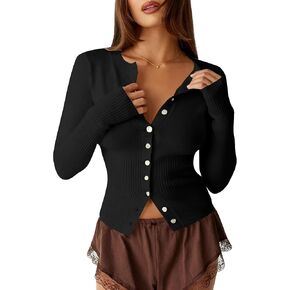 KIGRAD Womens Open Front Button Up Cropped Cardigan Ribbed Knit Long Sleeve Shirt Casual Solid Crop Top Cardigan Sweater in Kuwait