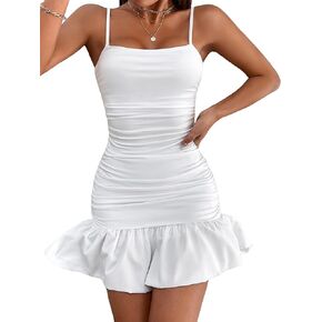 فستان قصير نسائي كاجوال من Floerns بحزام سباغيتي وحاشية مكشكشة in Kuwait