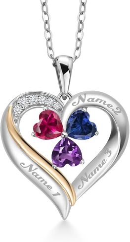 925 Silver and 10K Yellow Gold Customized and Personalized 3 Stone 5MM Heart Shape Gemstone Birthstone and White Lab Grown Diamond Name Engraved Pendant Necklace For Women with 18 inch Chain in Saudi Arabia