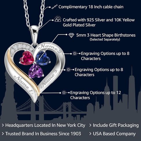 925 Silver and 10K Yellow Gold Customized and Personalized 3 Stone 5MM Heart Shape Gemstone Birthstone and White Lab Grown Diamond Name Engraved Pendant Necklace For Women with 18 inch Chain in Saudi Arabia